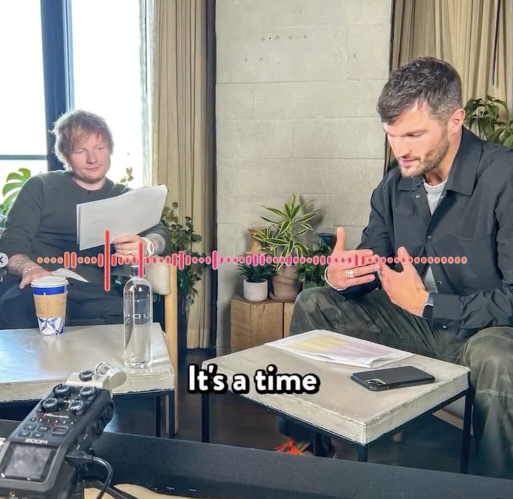 Jon Hosking & Ed Sheeran recording the new Peloton classes.