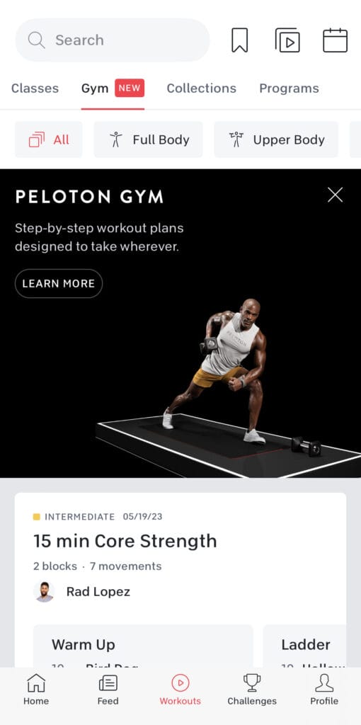 The new Peloton Gym feature & section of the Peloton App.
