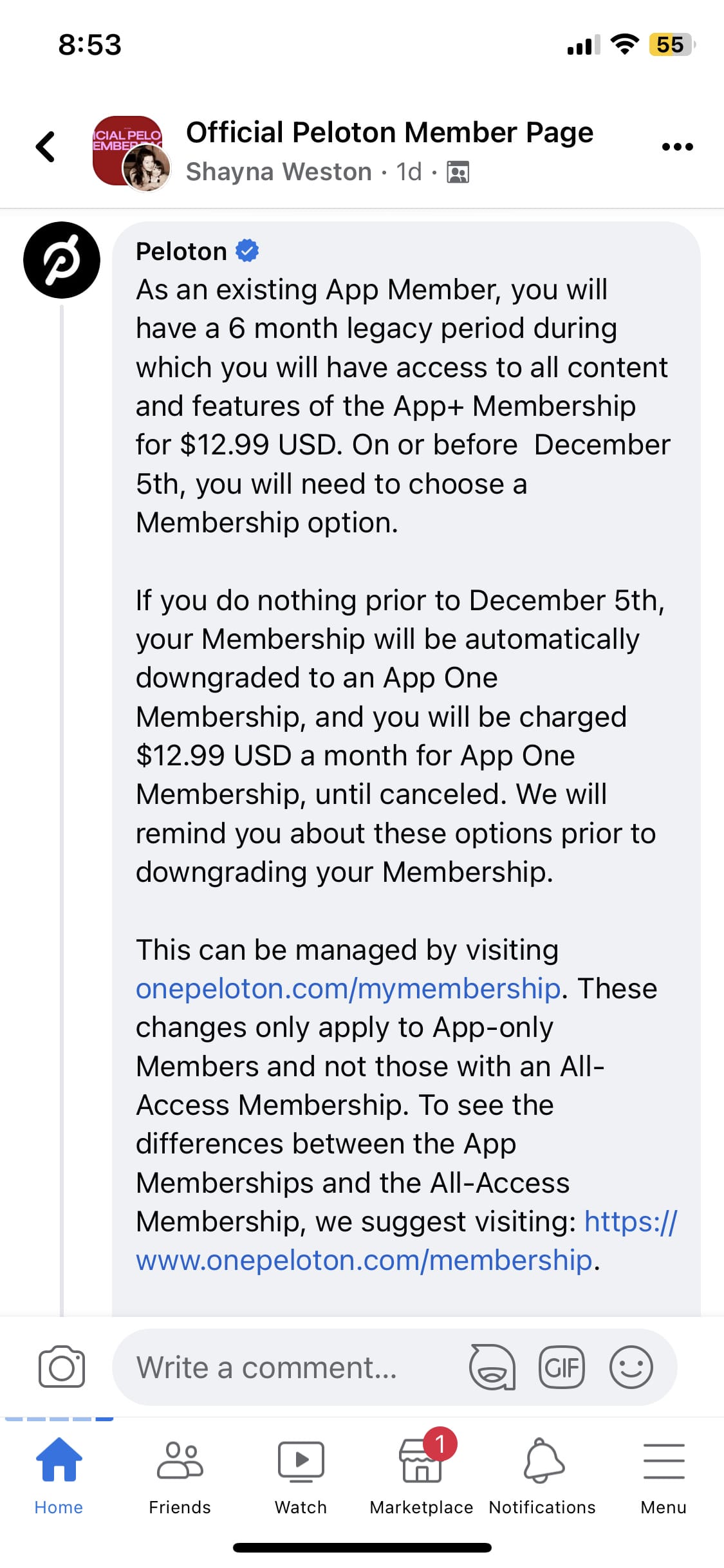 Peloton's comment in the Official Peloton Member Facebook page.