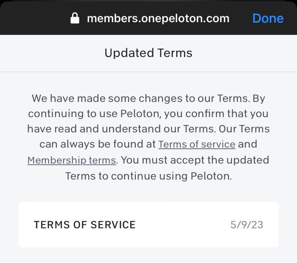 New terms & conditions popup on the Peloton website.