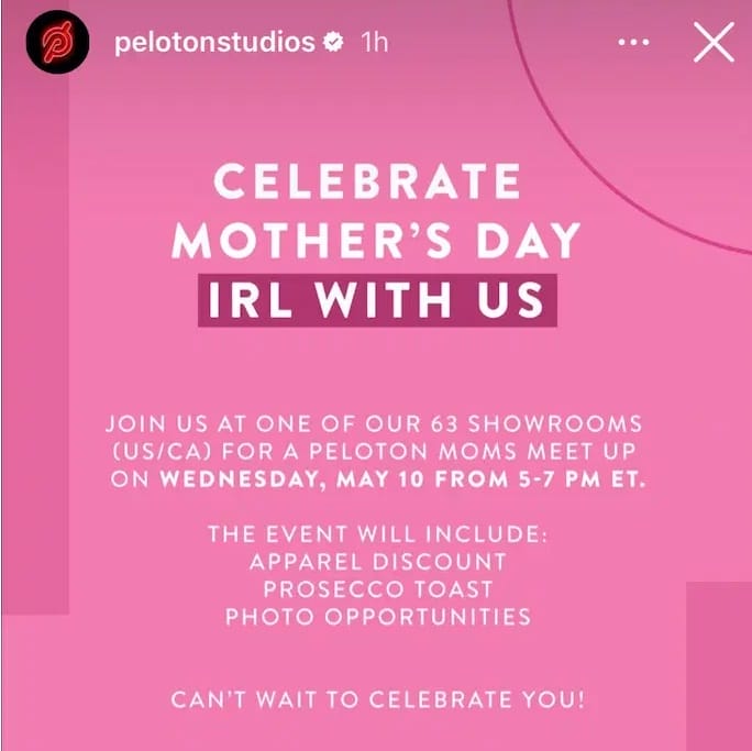 @PelotonStudios Instagram story sharing Mother's Day meet up details.