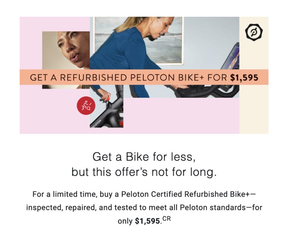 Email from Peloton about sale on refurbished Peloton Bike+