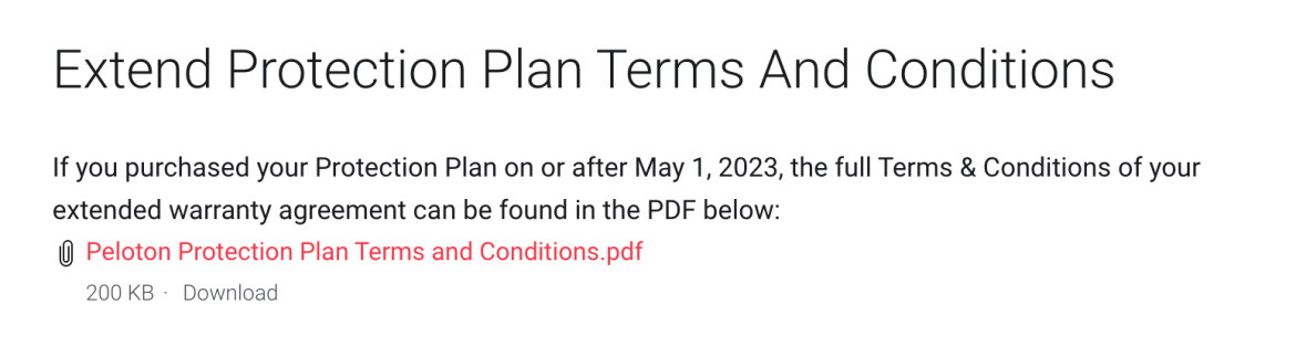 Peloton Extended Protection Plan Terms & Conditions support page.