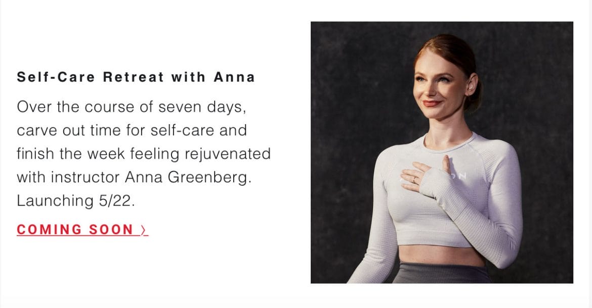 Peloton May "Workouts to Watch" email highlighting new program with Anna Greenberg.