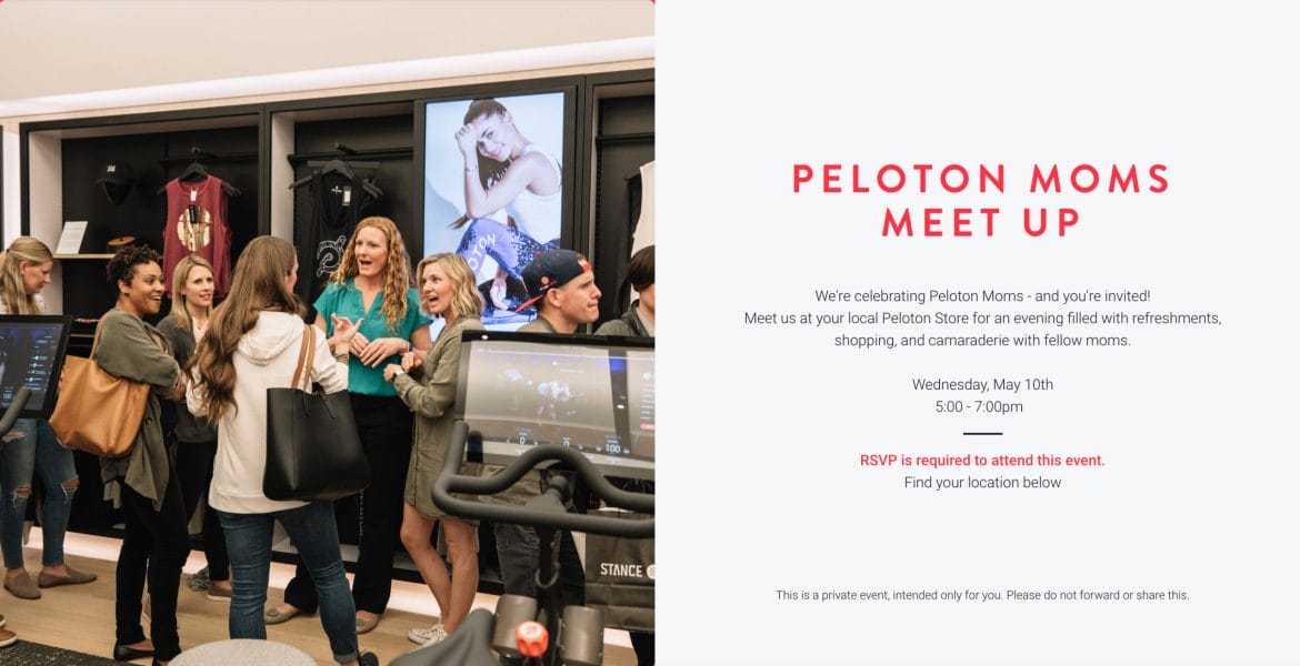 Peloton Moms Meet Up event page.