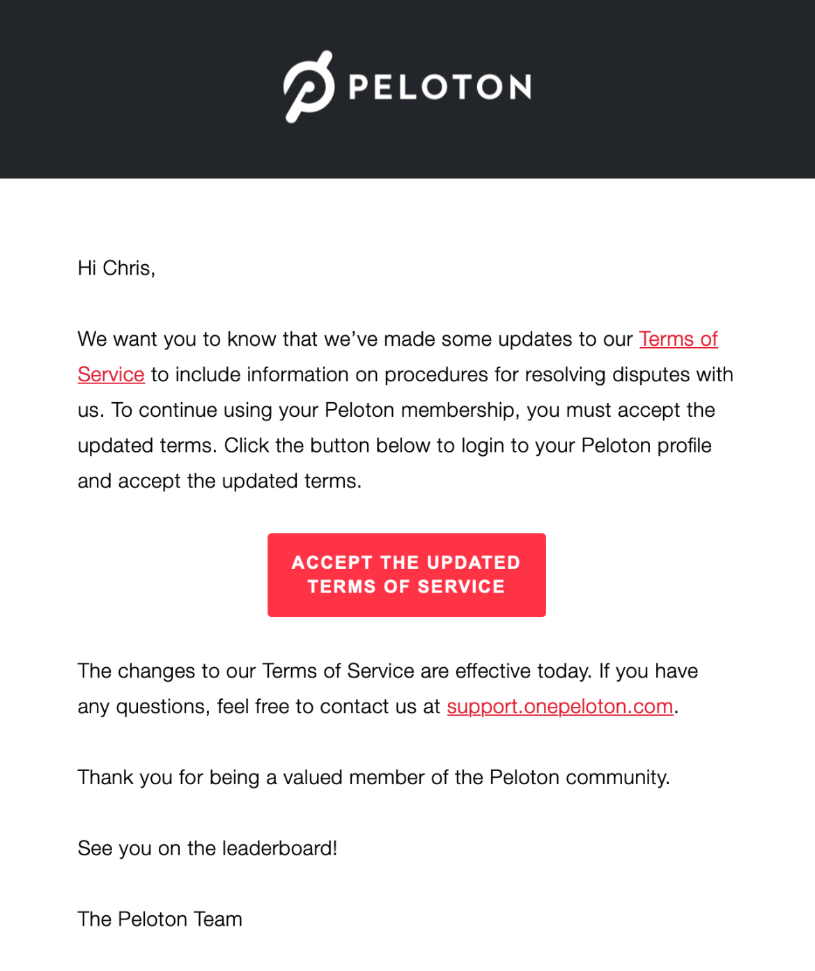 Peloton email informing members of updated terms of service.