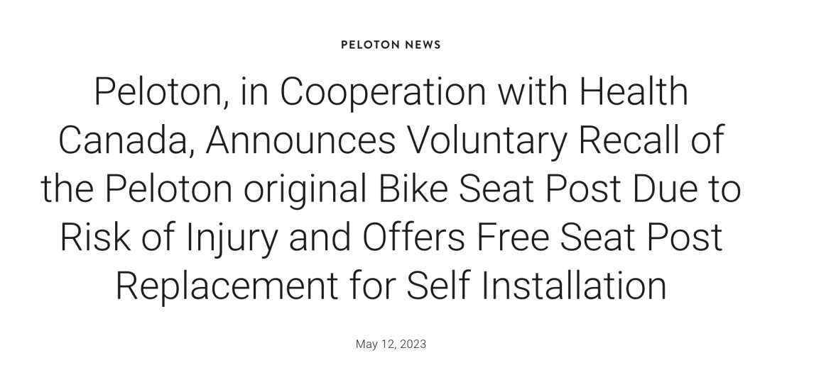 Peloton press release regarding Bike recall in Canada.