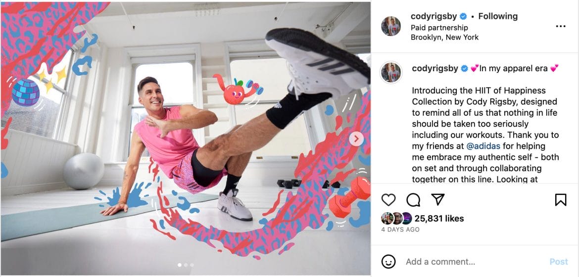 Cody's Instagram post announcing apparel collaboration with Adidas.