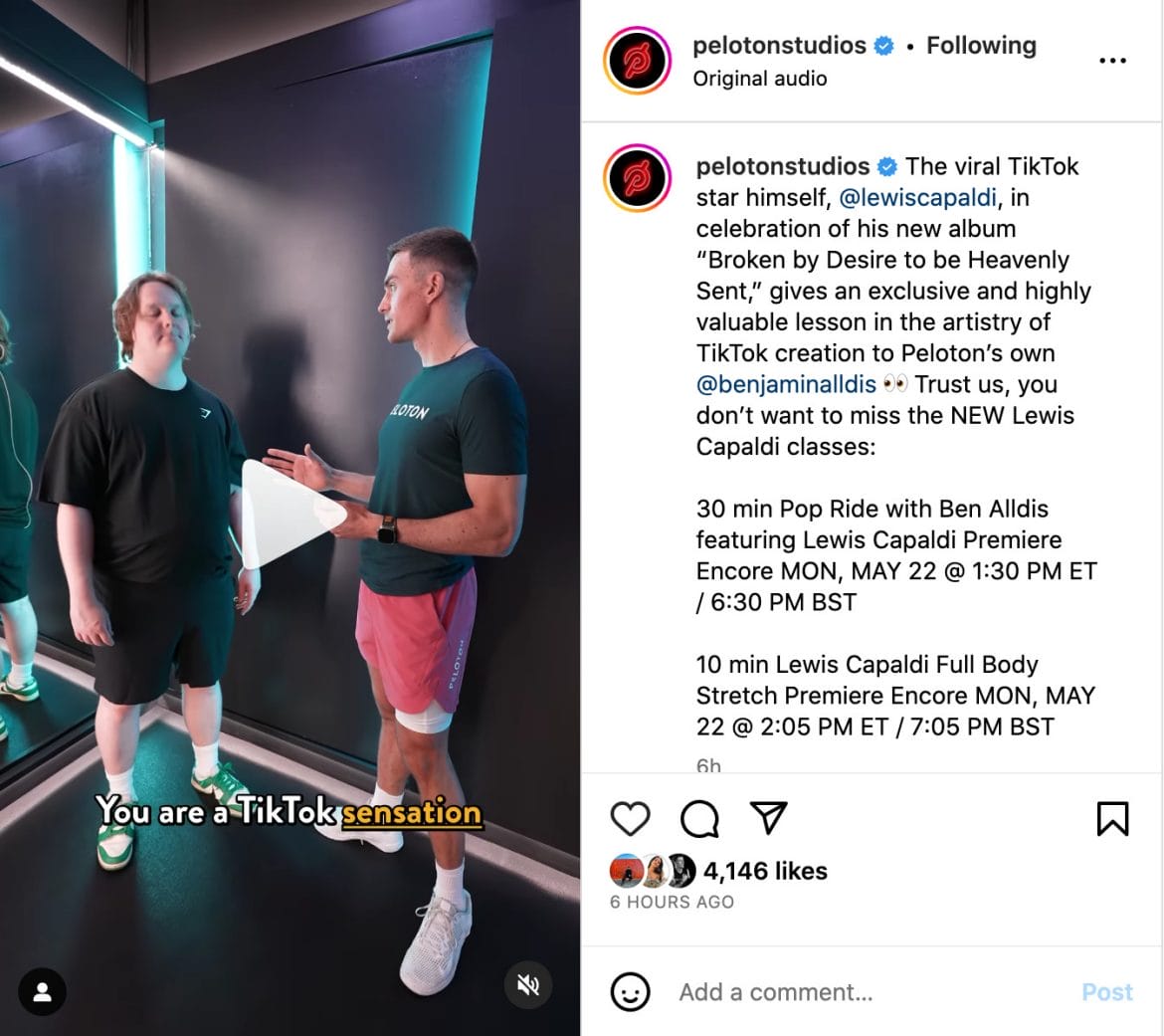 Peloton Studios Instagram post announcing Lewis Capaldi classes.