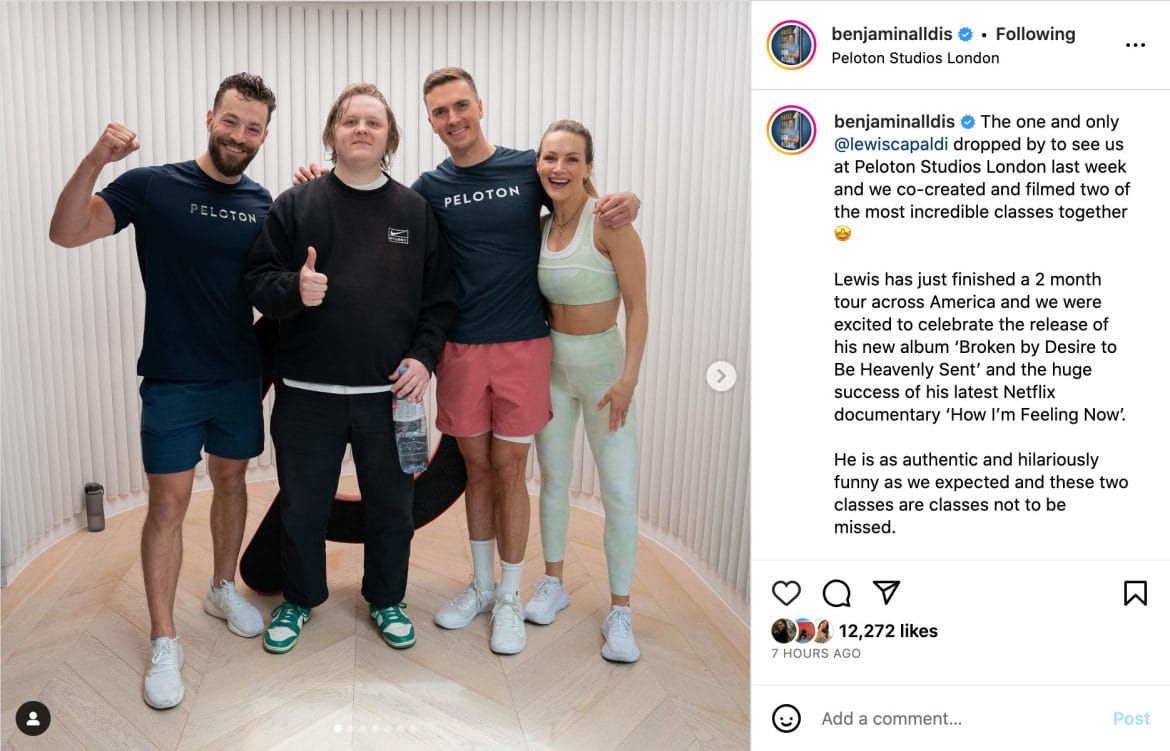 Ben Alldis' Instagram post announcing Lewis Capaldi classes.