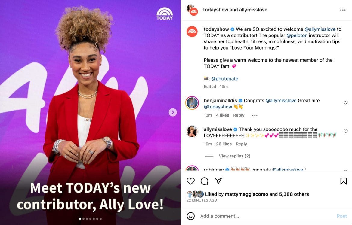 Ally Love and Today Show Instagram post announcing Ally as a contributor.