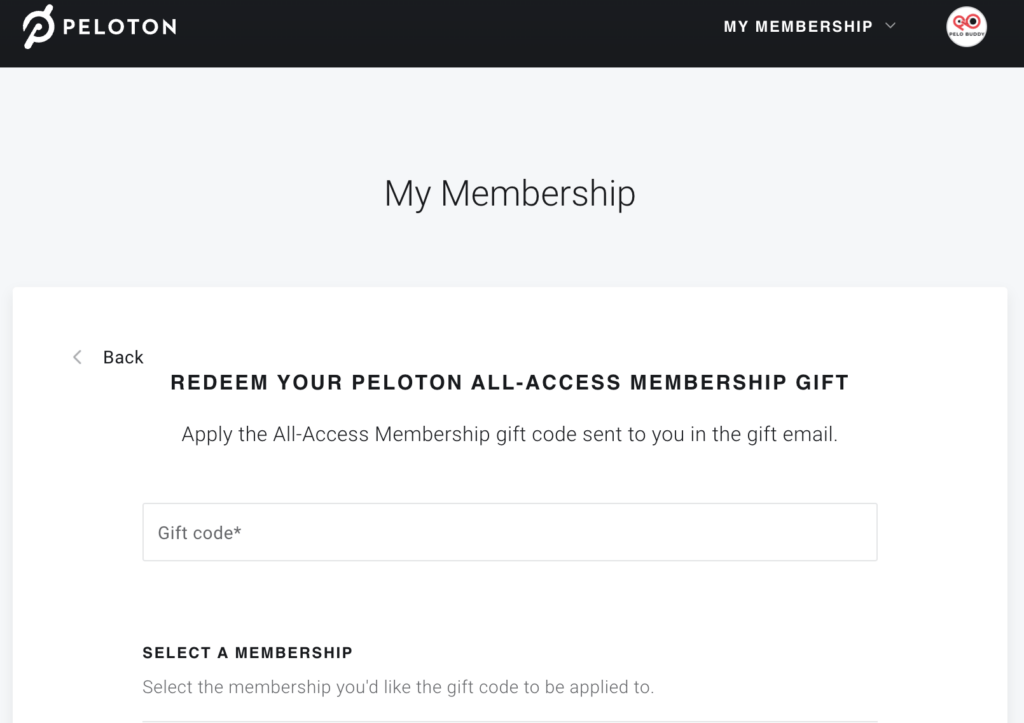 New section on membership section to redeem a membership gift card.