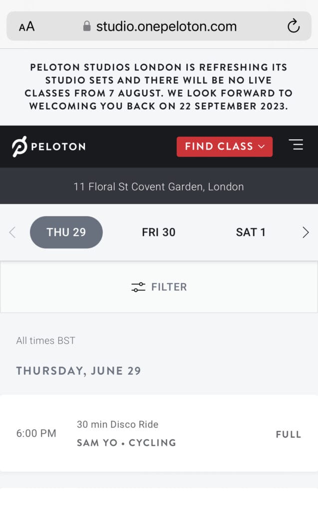 Message on Peloton London studio site about closure.