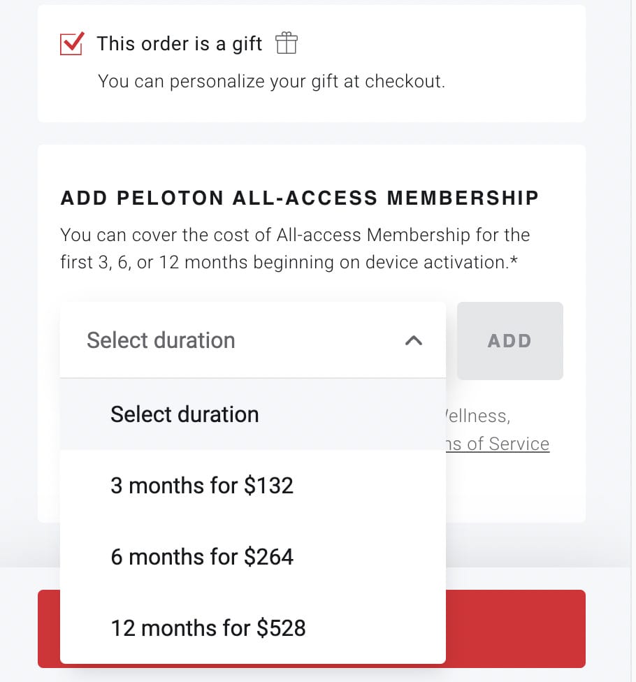 Pre-Paying for a Peloton monthly membership as a gift with a new purchase.