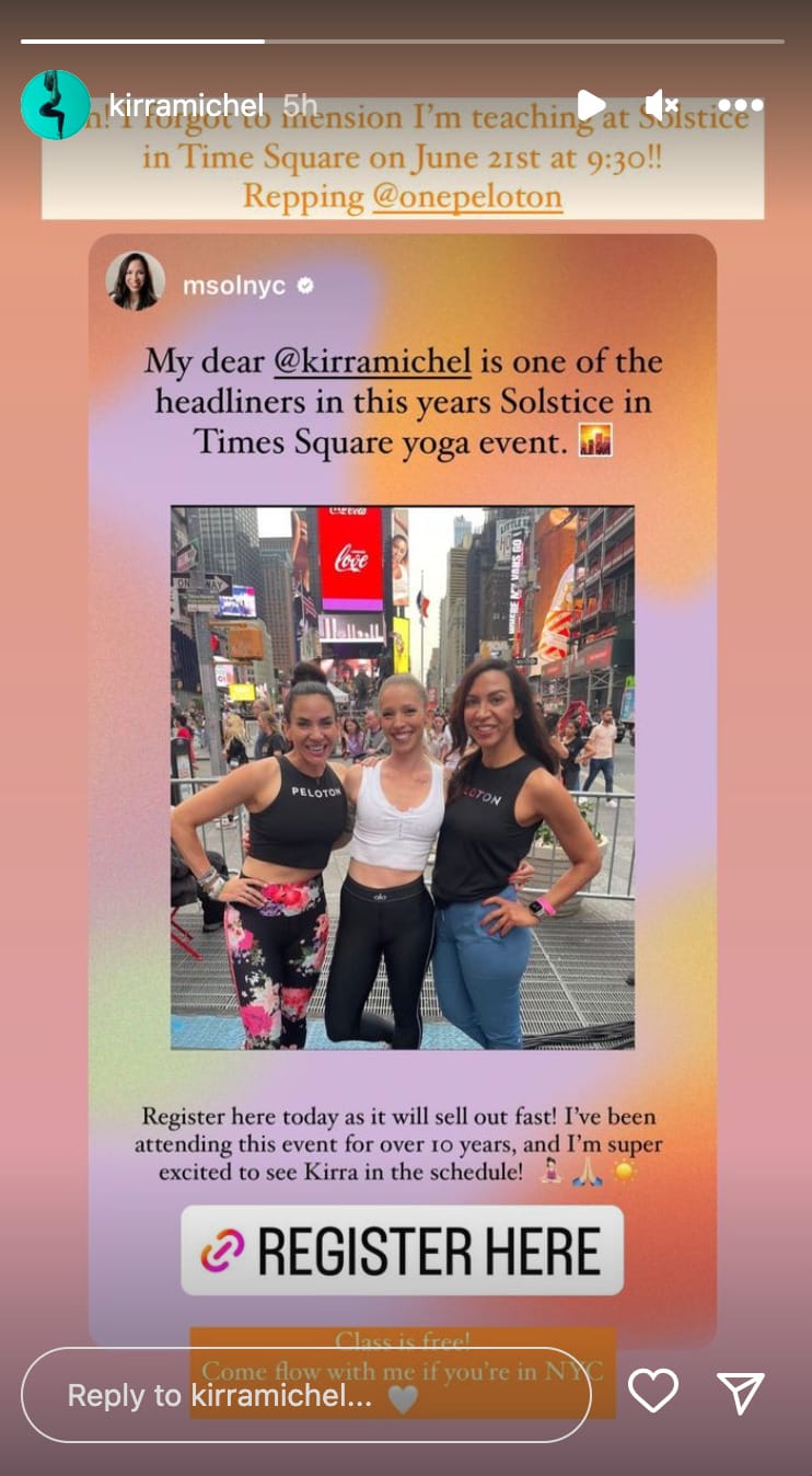 Kirra Michel's Instagram story sharing news of Times Square class.