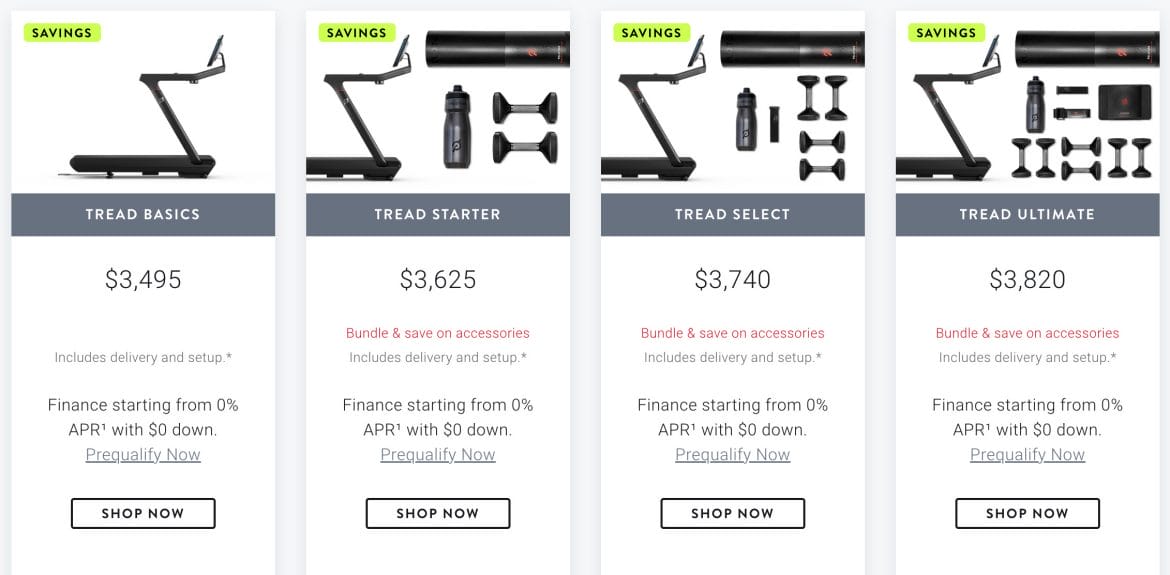 Tread packages on Peloton website with "savings" tag.