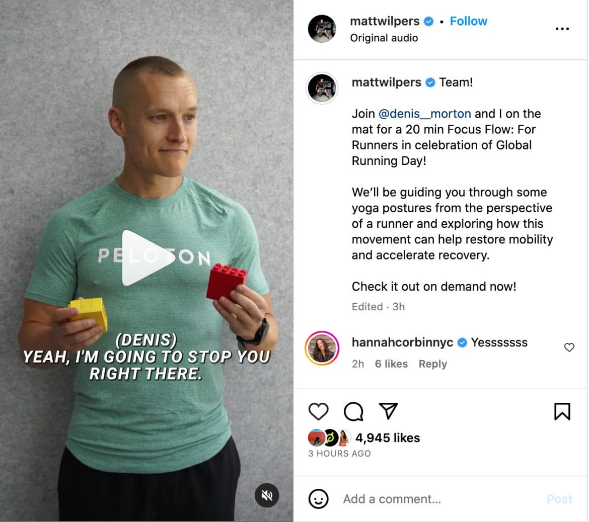 Matt Wilpers' Instagram Reel announcing Global Running Day yoga class.