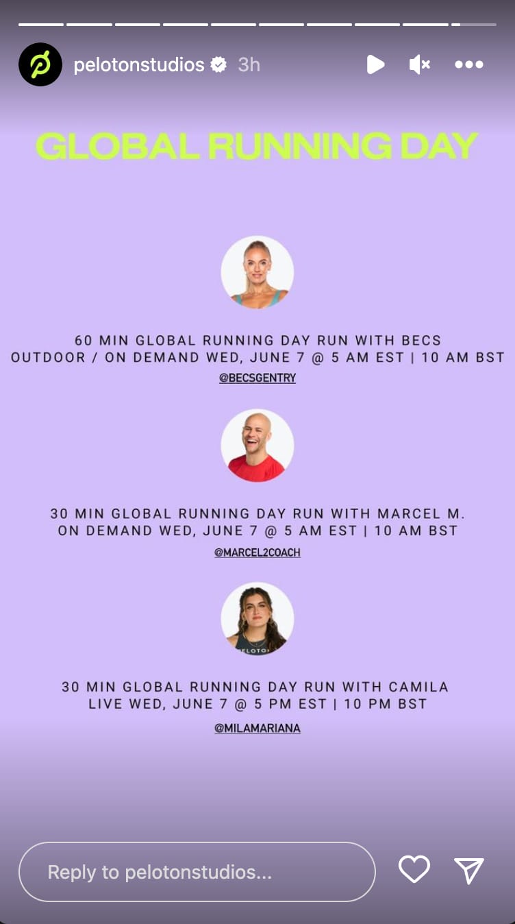 2023 Global Running Day class list. Image credit Peloton social media.