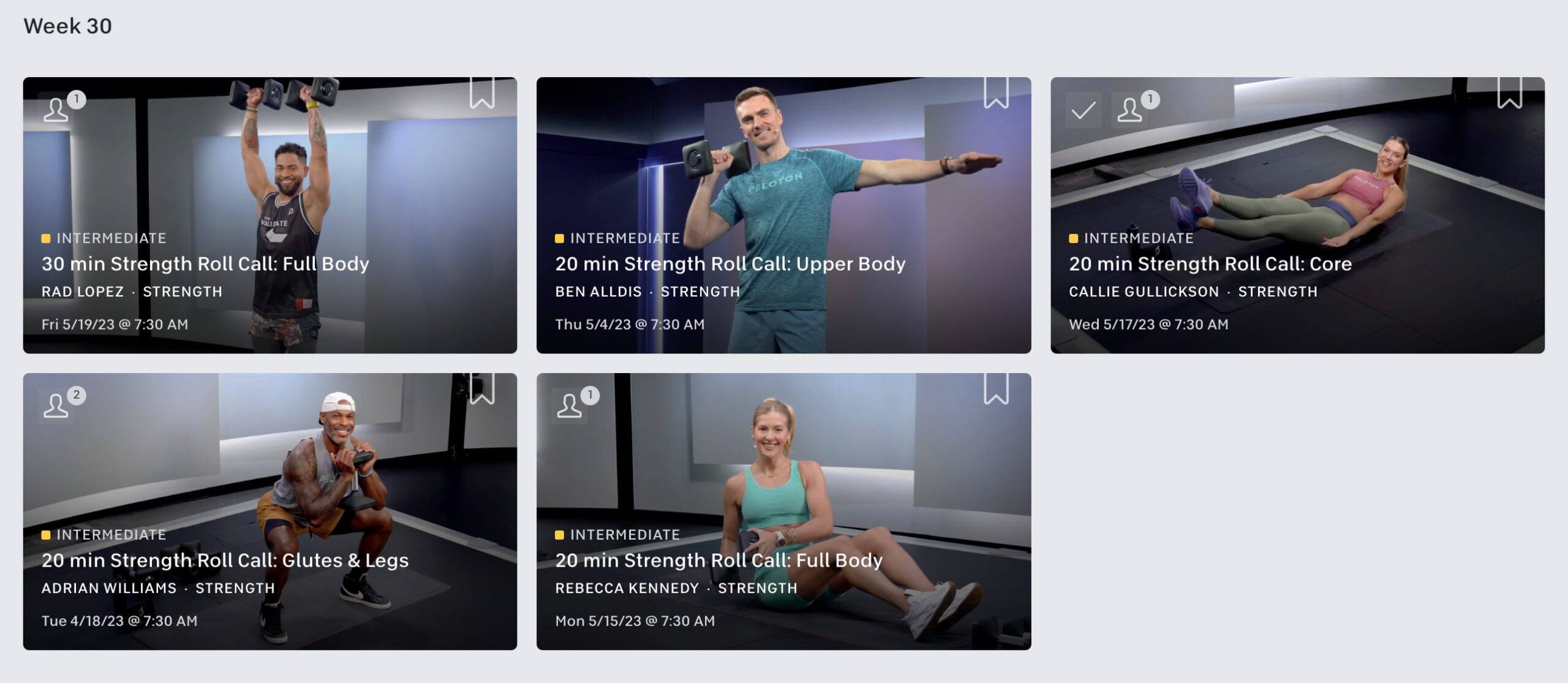 New collection for Peloton Strength Roll Call Classes grouped by week