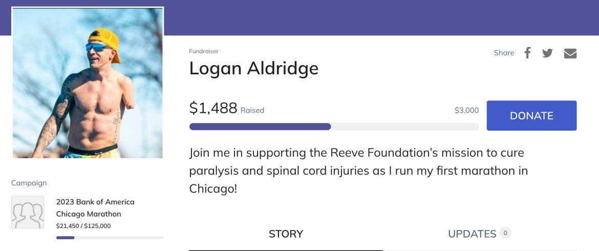 Logan Aldridge's fundraising page on the Christopher & Dana Reeve Foundation website.