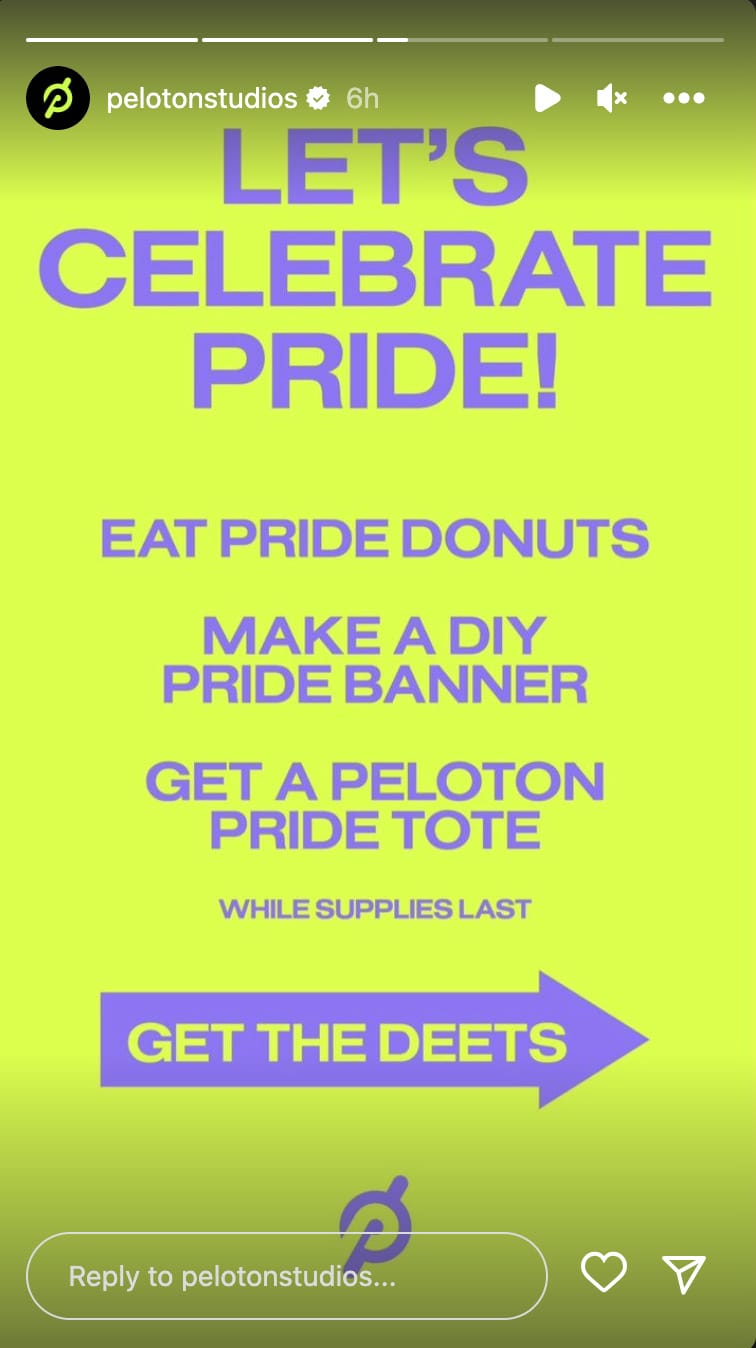 @PelotonStudios Instagram stories announcing retail store Pride event. Image credit Peloton social media.