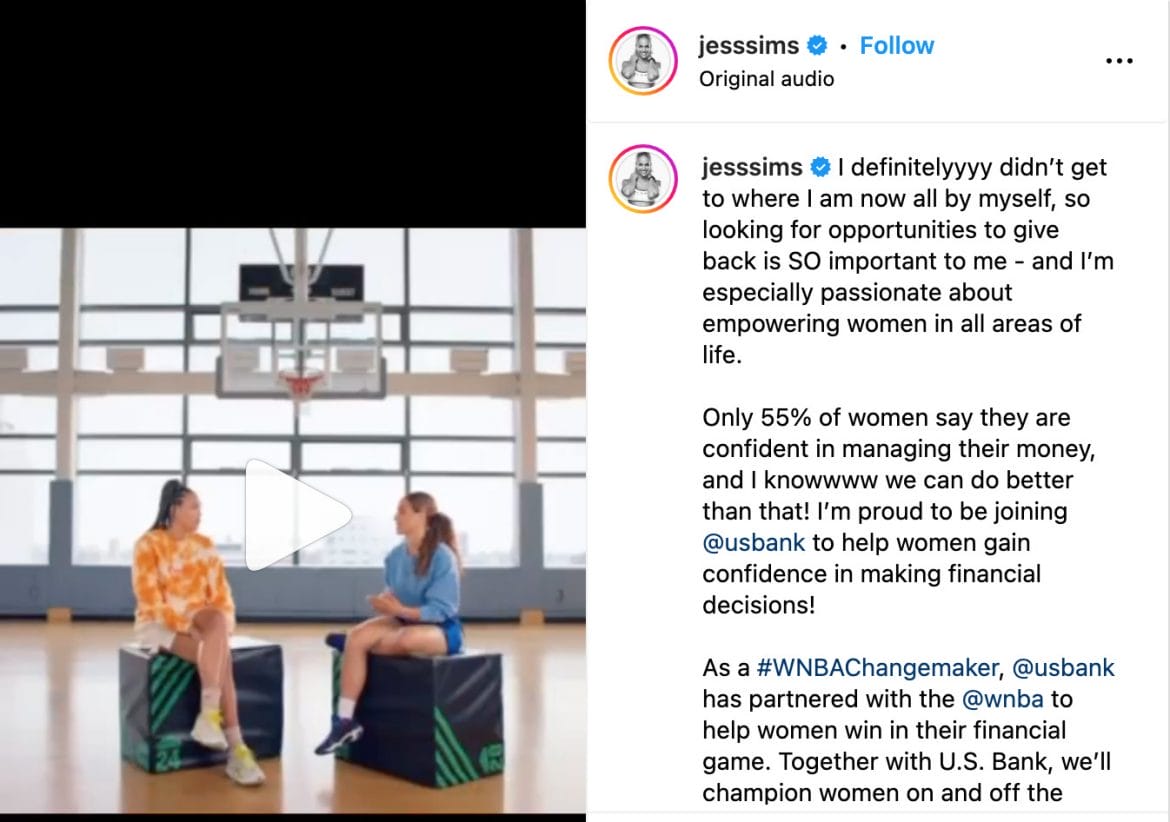 Jess Sims' Instagram post announcing partnership with U.S. Bank.