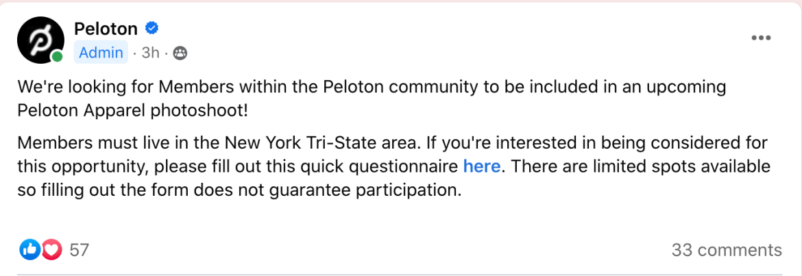 Peloton post in the Official Peloton Member Page on Facebook