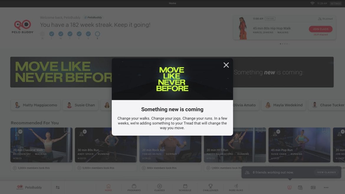 Pop-up teasing "something new" on Peloton Tread devices.