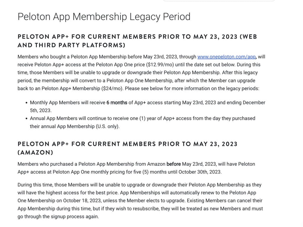 Peloton support page with details on App Tier migration plan.