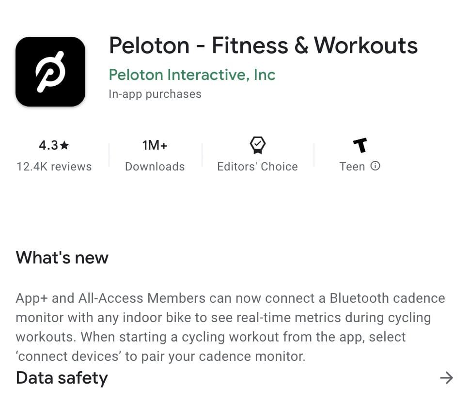 Release notes mentioning cadence sensors for Peloton app in Android.