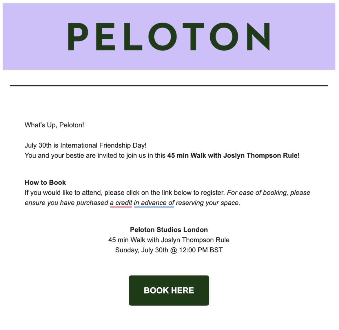 Email from Peloton to select members containing invite to class with Joslyn Thompson Rule.