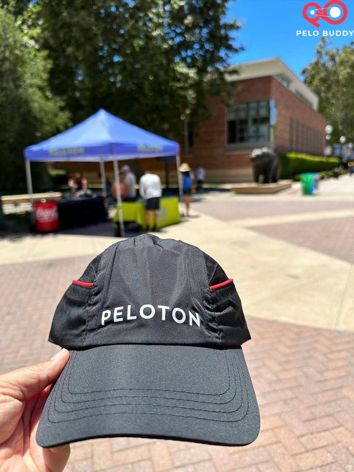Free hat given out at the group workout of Peloton On Tour.