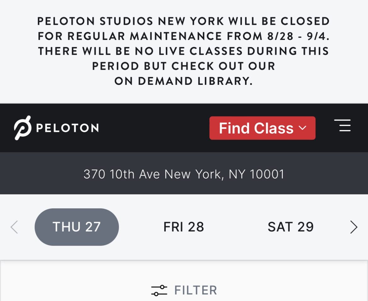 Studio closure notification on Peloton Studios booking site.