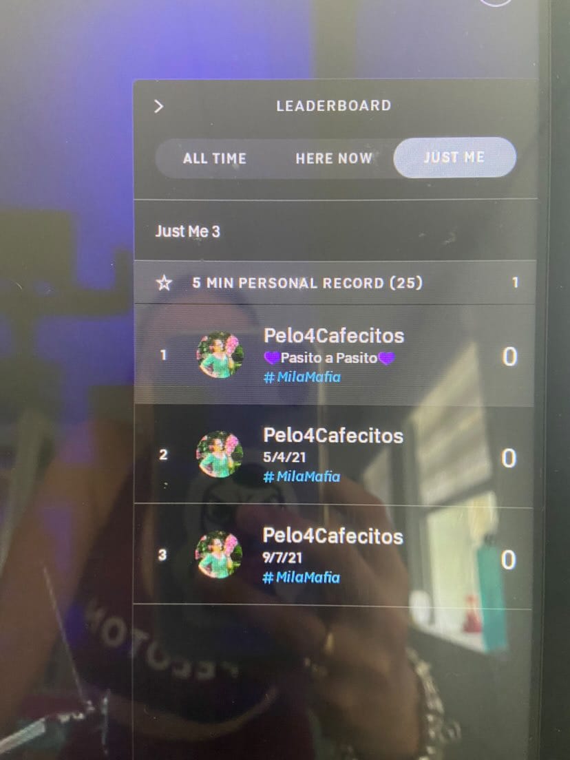 Peloton Leaderboard showing "Just Me" filter applied.