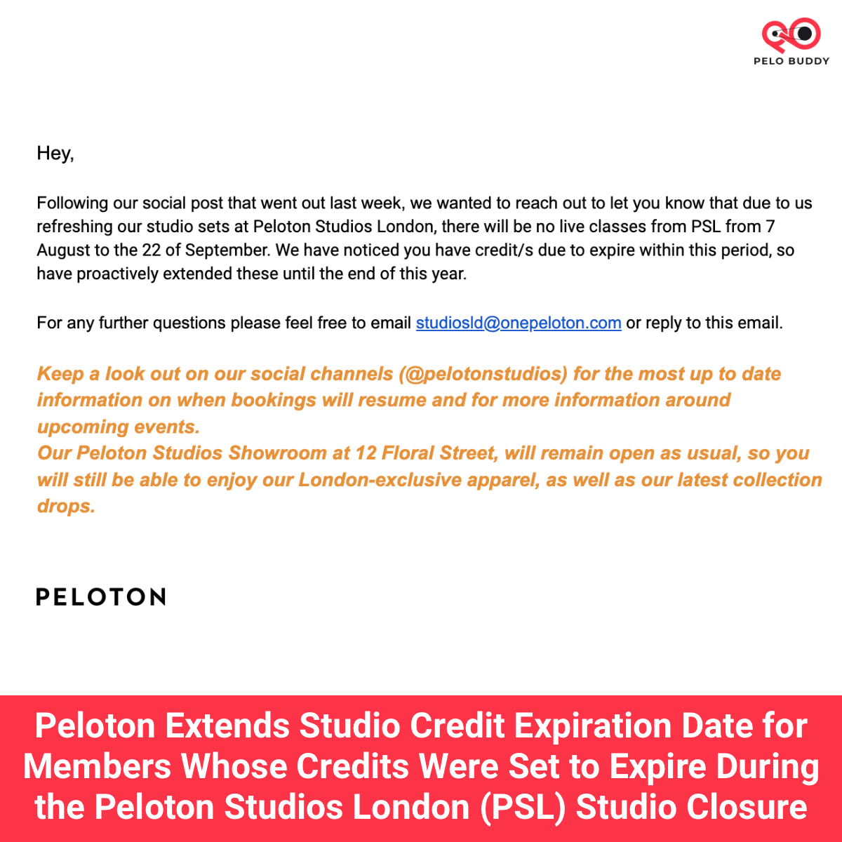 Peloton Extends Studio Credit Expiration Date for Members Whose Credits Were Set to Expire During the Peloton Studios London (PSL) Studio Closure