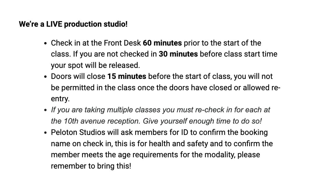 Peloton Studios New York (PSNY) confirmation email containing information about ID check.