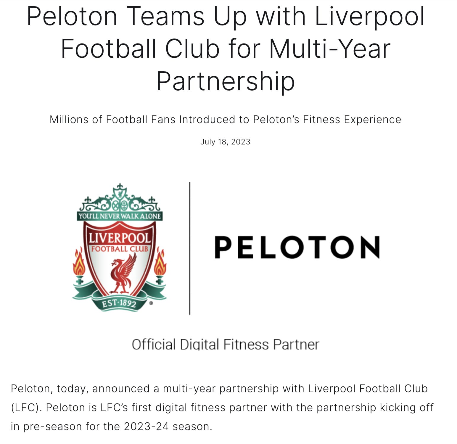 Peloton and Liverpool Football Club Announce Multi-Year Partnership