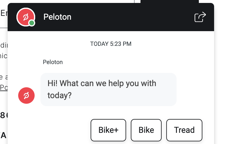 Screenshot of Peloton's online support chat widget.