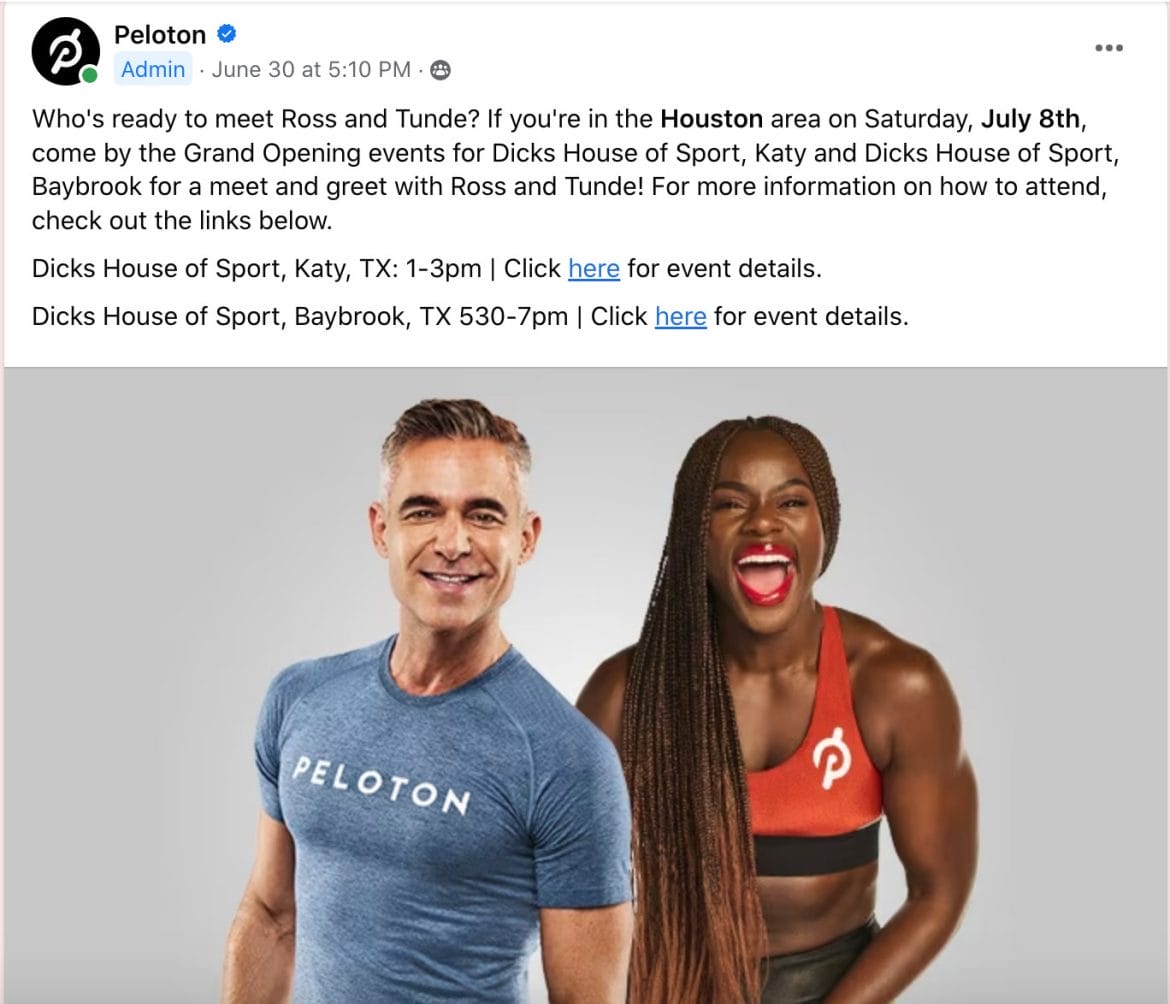 Peloton post about Dick's Sporting Goods meet & greets in Official Peloton Member Page on Facebook.