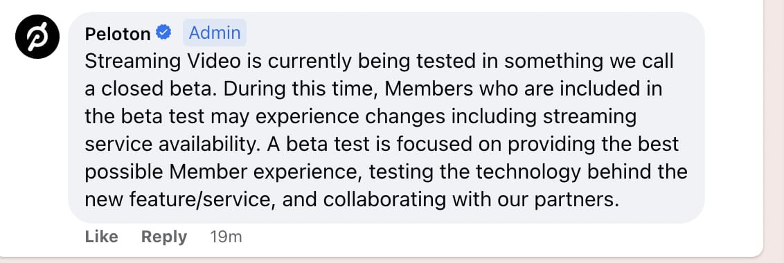 Peloton comment on the Official Peloton Member Facebook Page.