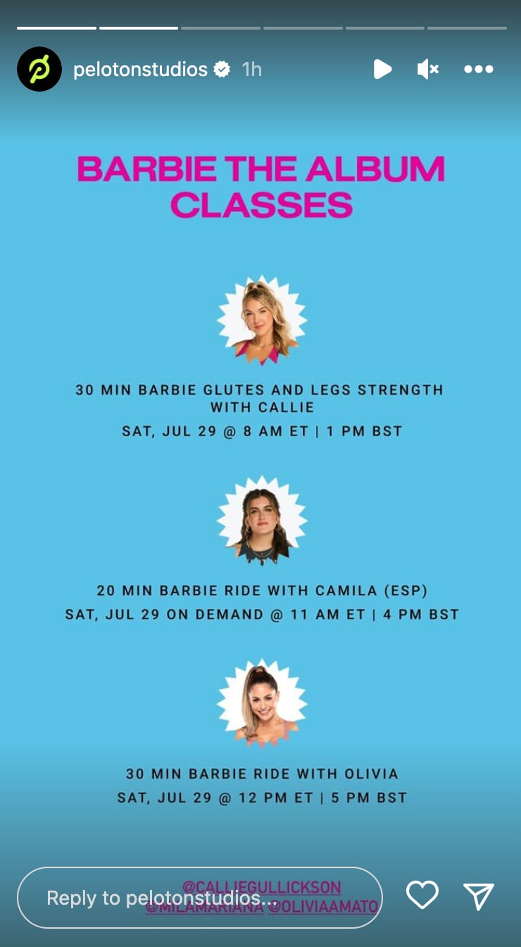 Peloton Barbie classes. Image credit Peloton social media.