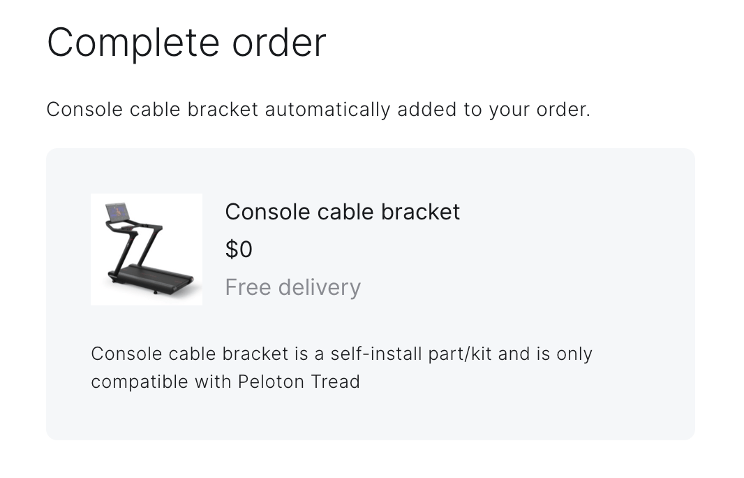 Complementary retaining bracket order on Peloton website.