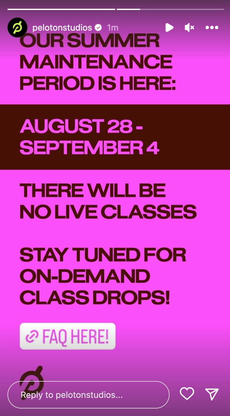 @PelotonStudios Instagram Story announcing upcoming studio closure.