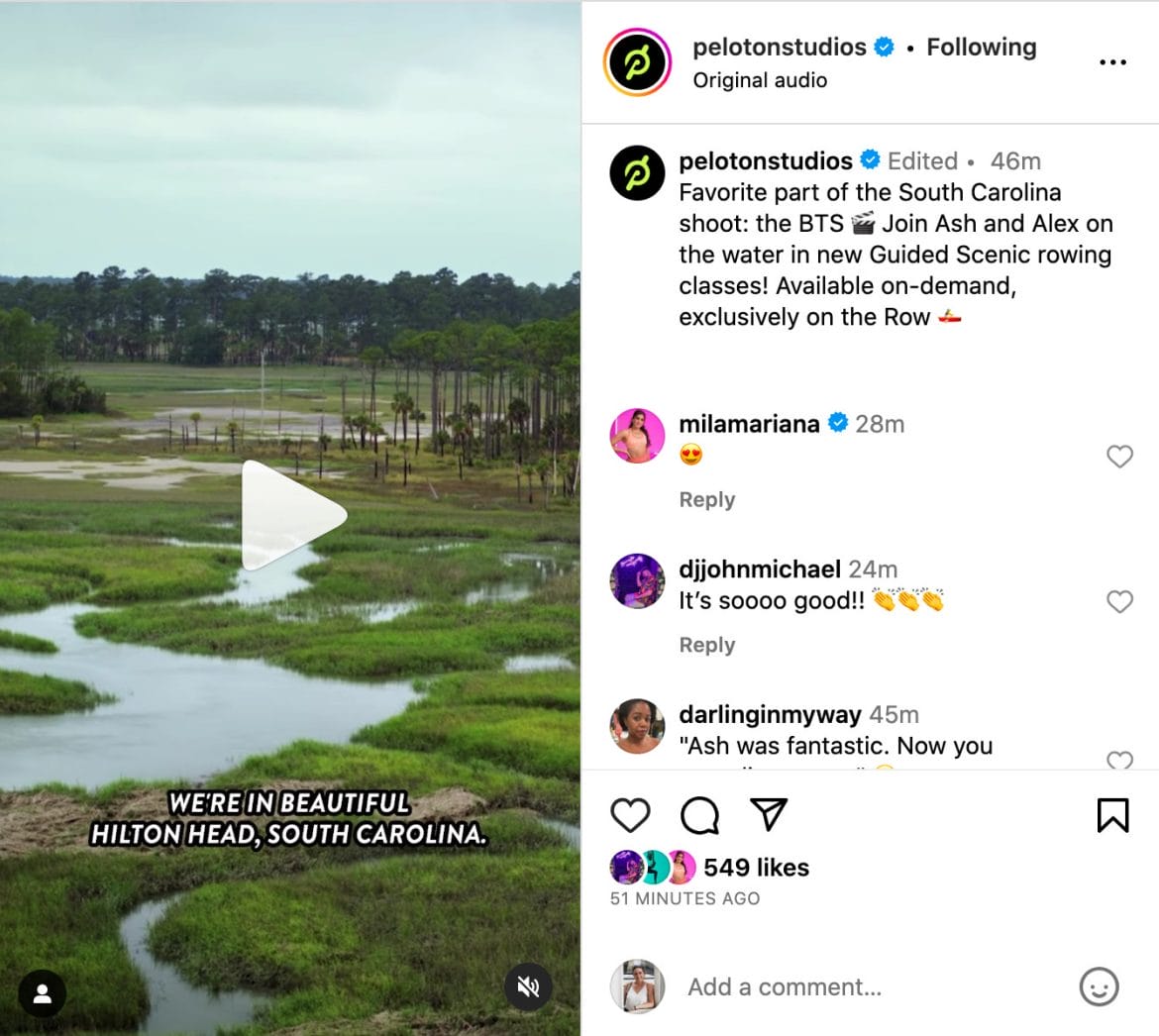 @PelotonStudios Instagram post announcing new guided scenic rowing content.