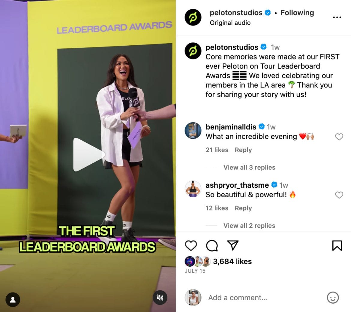 @PelotonStudios Instagram post highlighting Los Angeles Leaderboard Awards.