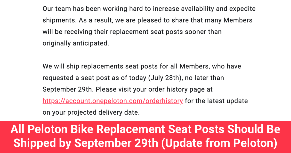 All Peloton Bike Replacement Seat Posts Should Be Shipped by September 29th 2023 Update from Peloton Peloton Buddy