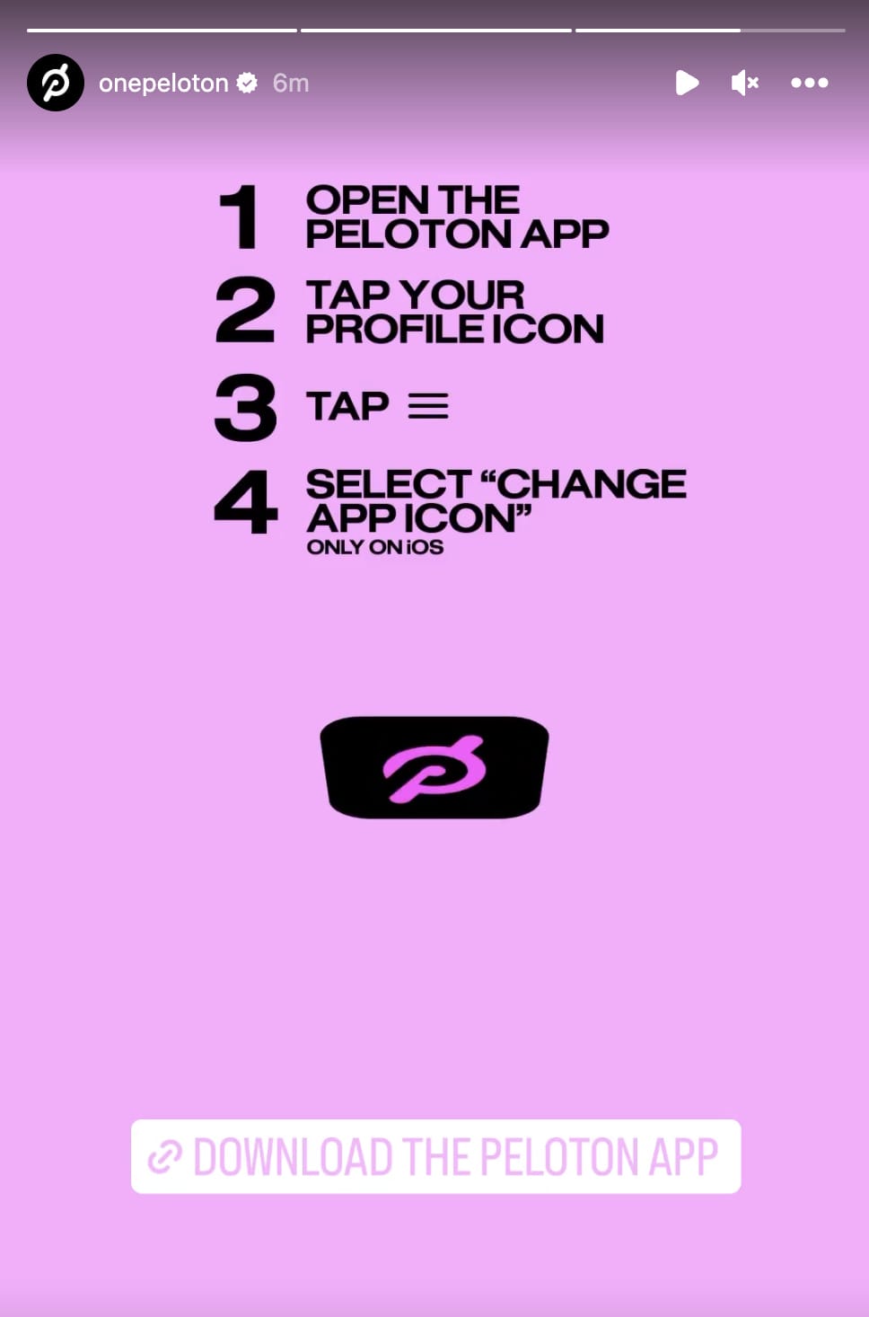 @OnePeloton Instagram story with instructions for how to change the app color.