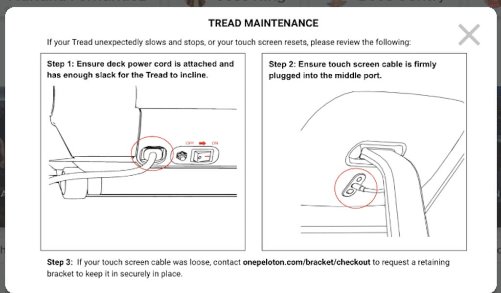 Closeup of Peloton Tread Maintenance Popup reminder.