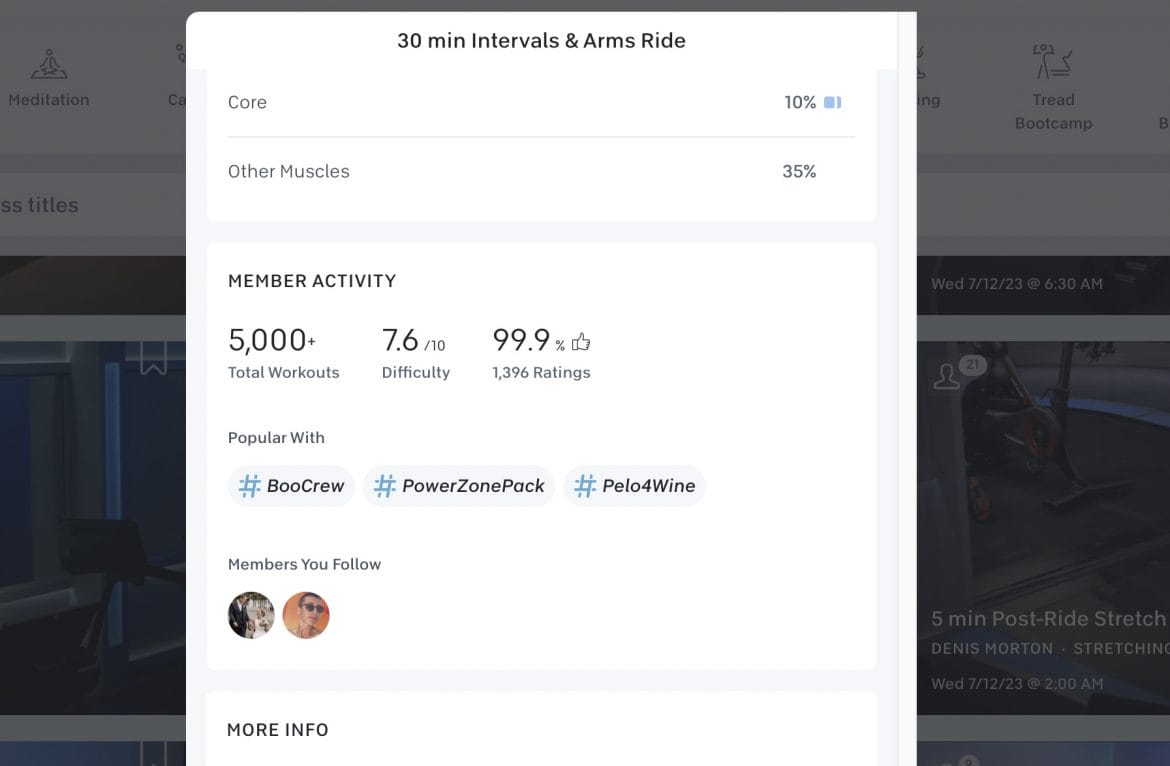 Member activity section on class information showing the class rating.