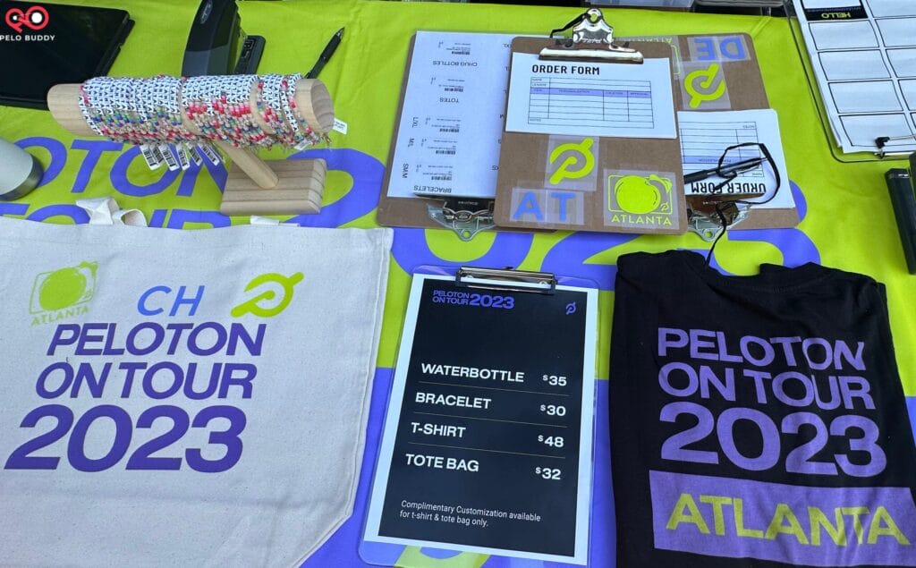 Merchandise table outside Peloton on Tour in Atlanta.